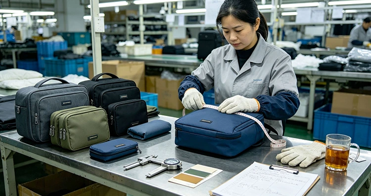 Factory technician measuring custom travel organizer bags for size quality verification.